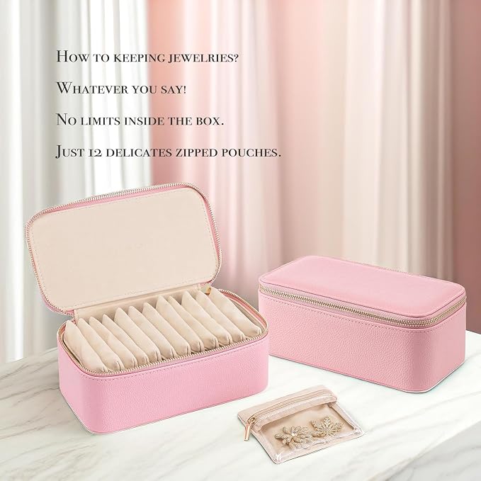 VLANDO Travel Jewelry Box Organizer – Portable PU Leather Jewelry Case with 6/8/12 Zippered Pouches, Compact Storage for Earrings Rings Necklaces Bracelets, Strawberry Pink - Image 4