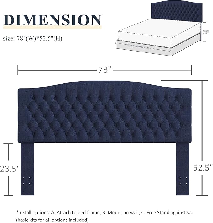Befurtori King Headboard Only, Upholstered Headboard for Adjustable Bed Linen Tufted Cal King Size Wall Mounted Head Board with Solid Wood Legs Head Board, Navy Blue