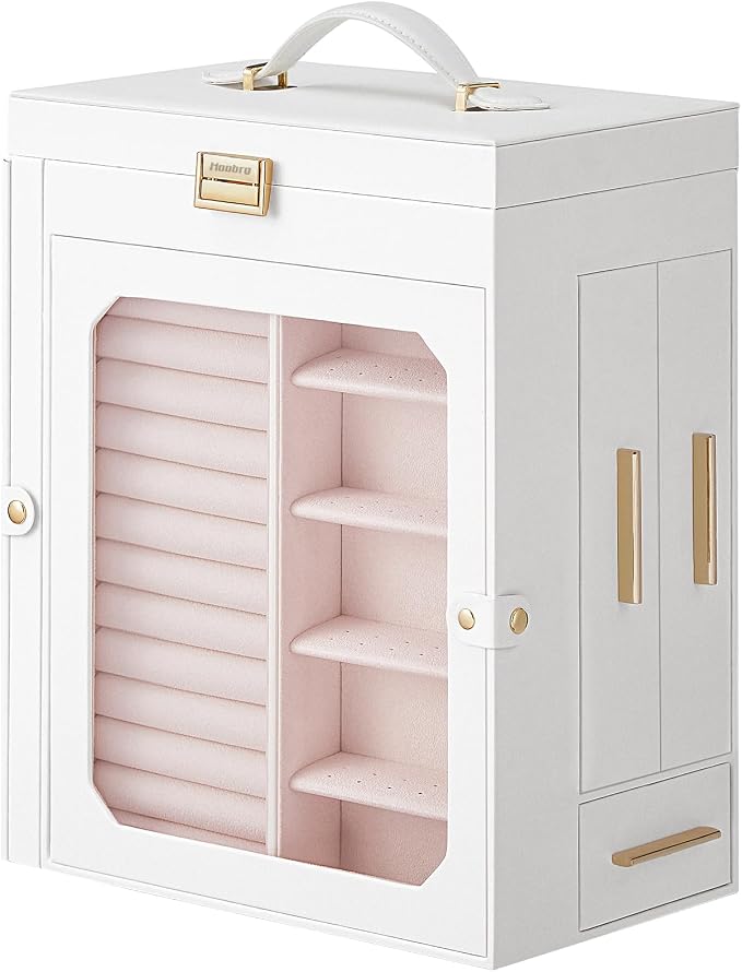 HOOBRO Jewelry Box with Mirror, Travel Jewelry Organizer with Glass Window, Jewelry Storage Case, Vertical Storage, Gift for Loved Ones, for Earrings, Rings, Necklaces, Bracelets, White WT03JB04G2 - Image 9