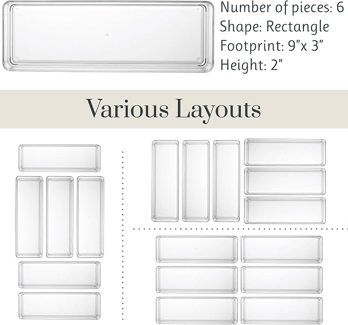 STORi SimpleSort 6-Piece Stackable Clear Drawer Organizer Set | 9" x 3" x 2" Rectangle Trays | Narrow Makeup Vanity Storage Bins and Office Desk Drawer Dividers | Made in USA - Image 5