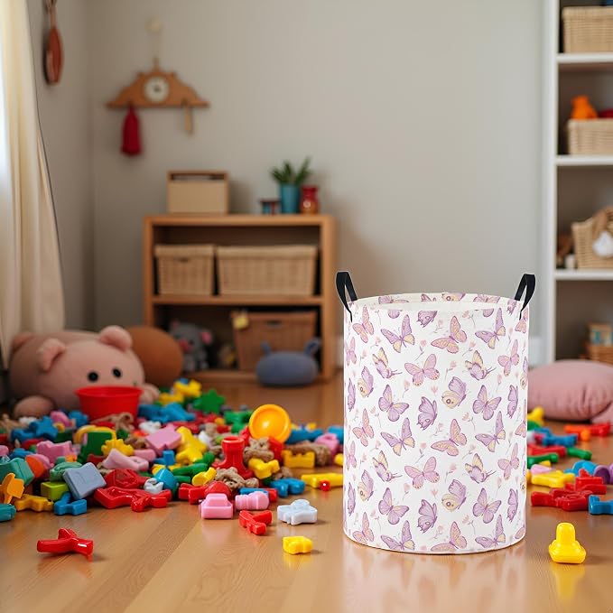 Baby Laundry Basket Baby Nursery Hamper Kids Laundry Basket Toy Storage Bin for Boys Room Decor Gift Baskets for Bedroom Bathroom(Purple Butterfly) - Image 2