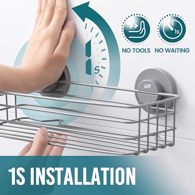 TAILI Shower Caddy Suction Cup 2 Pack with Hooks & Soap Holder, Heavy Duty Shower Organizer for Bathroom, No Drilling Bathroom Organizer with Large Capacity, Metal Storage Holder-Grey - Image 2