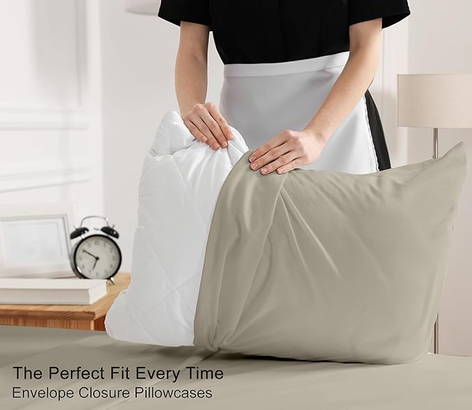 RUVANTI 100% Cotton Sheets – Queen Size Percale Bedding, Cooling & Breathable, Durable with a Crisp, Soft & Comfortable Feel, 16" Deep Pocket, 4-Piece Set, Taupe