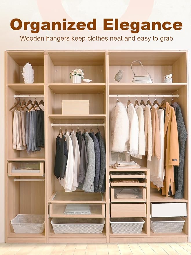 HOUSE DAY Walnut Wooden Hangers 10 Pack, Solid Wood Hanger with Non Slip Pant Bar, Heavy Duty Wooden Coat Hanger for Closet, Smooth Finish Wood Clothes Hangers for Shirts, Suits, Jackets, Dress - Image 7