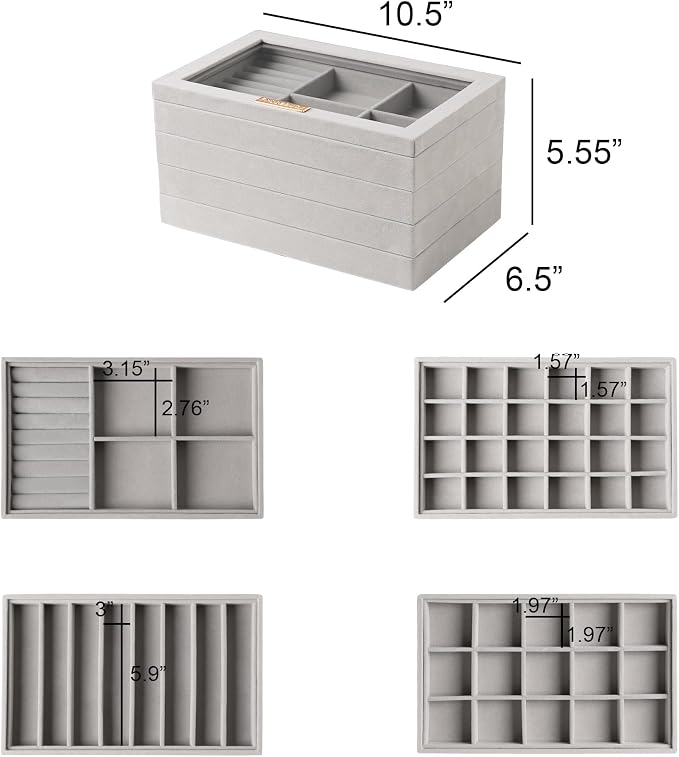 Frebeauty Stackable Jewelry Trays, Velvet Drawer Jewelry Organizer with Glass Lid,5 in 1 Multi-Functional Jewelry Storage for Earrings Necklaces Rings, 10.5 x 6.5 x 5.55 Inches Gift for Women(Grey) - Image 3