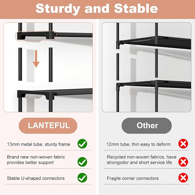 LANTEFUL 3 Tier Shoe Rack for Closet, Shoe Organizer with 5 Hooks, Long Shoe Shelf Storage for Sneaker and Boot Stackable Free Standing Shoe Rack for Entryway, Garage, Small Spaces, Dorm - Image 5