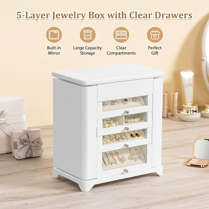 Large Jewelry Box & Organizer for Women, Wooden Jewelry Storage with 4 Transparent Drawers, Holds Necklaces, Rings, Bracelets, Earrings and Watches(White) - Image 7