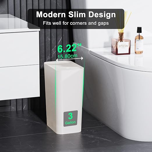 N. NETDOT 3 Pack Small Trash Can with lid, 3 Gallon Bathroom Trash Can,Garbage Can Slim Trash Bin Waste Basket for Bathroom,Kitchen,Bedroom,Living Room,Office,Laundry - Off White - Image 2