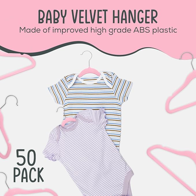 TechZoo 50 Premium Baby Velvet Hangers - 11.8 Inches Non-Slip & Ultra-Slim Baby Hangers for Space-Saving & Children Clothes - 360 Swivel Hook, Strong & Durable Infant & Toddler Clothes Hanger - Pink - Image 2