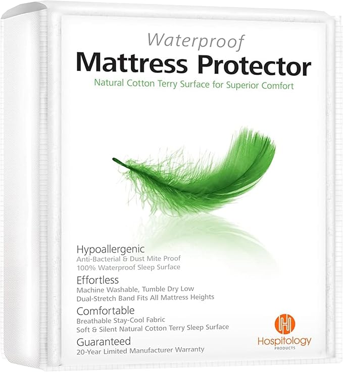 HOSPITOLOGY PRODUCTS Twin Mattress Protector Hypoallergenic Natural Cotton - Waterproof - Fitted Cover - Machine Washable - 38" W x 75" L