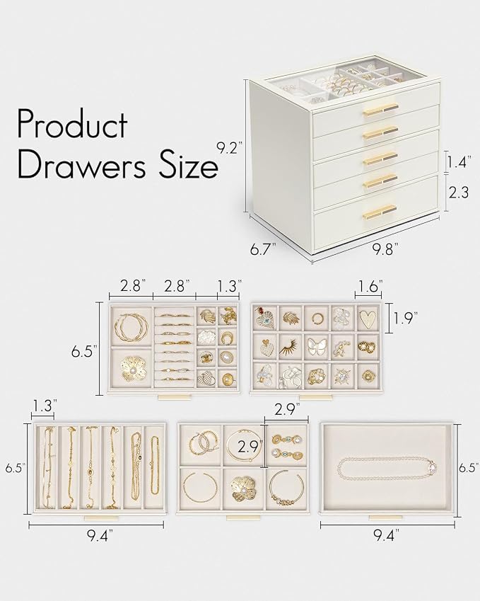 VLANDO 5 Layer Jewelry Box for Women, Glass Lid Jewelry Organizer with 5 Drawers for Necklaces Rings Earrings Bracelets - Cloud White - Image 3