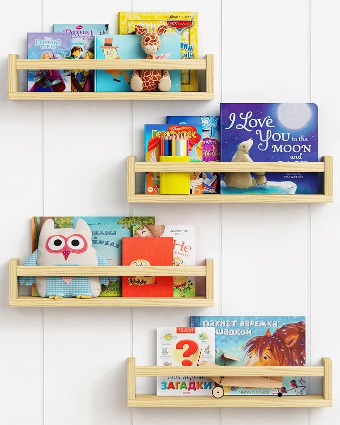 Forbena Natural Wood Nursery Book Shelves Wall Mounted, Floating Bookshelf for Kids Room, Toys and Books Storage Organizer Bookshelves for Toddler Child Bedroom Bathroom (4 Pack Natural Wood) by Forbena