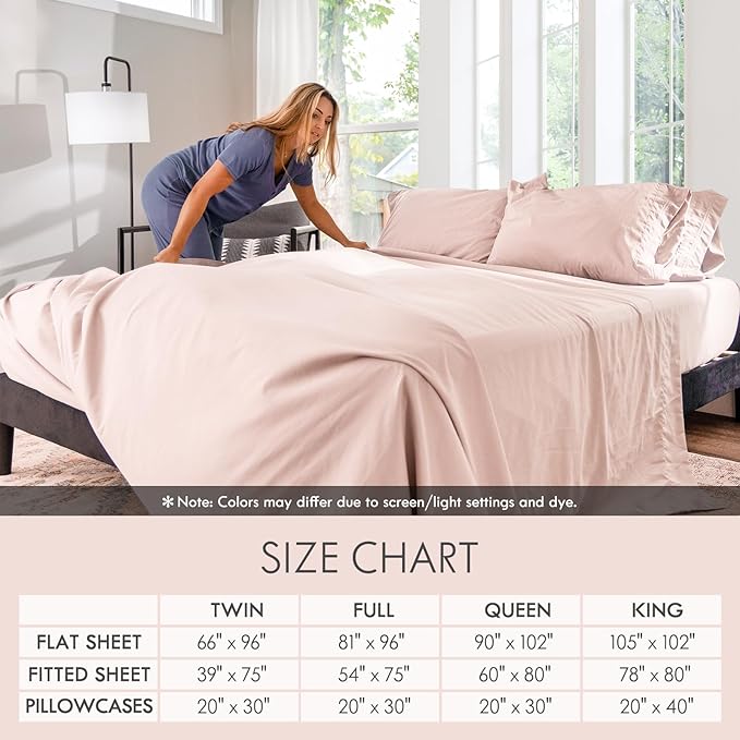 ClevaHome Full Size Sheet Set - 6 Piece Soft Breathable Luxury Bed Sheet Set - Shrinkage & Fade Resistant Embroidered Bedding Sheet with Deep Pocket, 2 Extra Pillowcases (Full, Barely Pink)