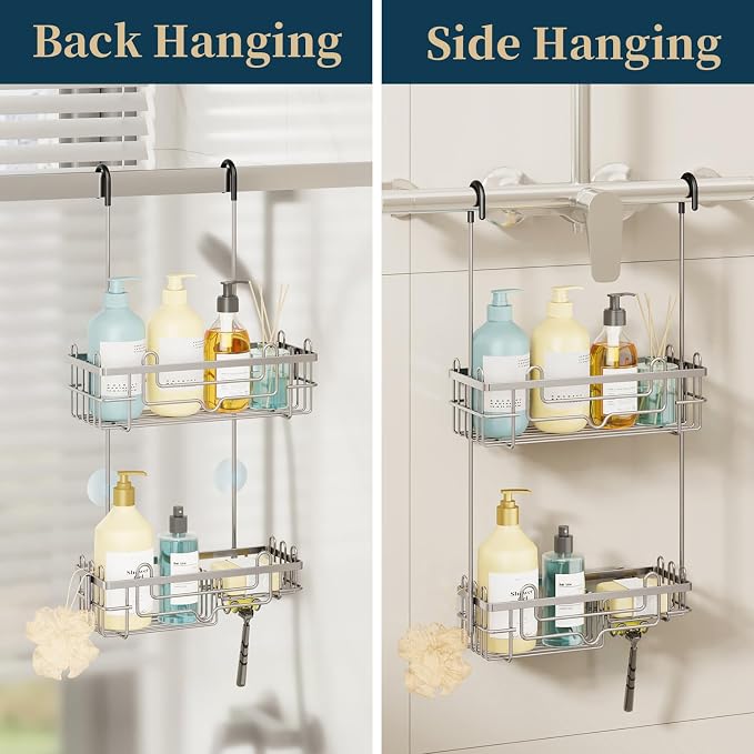 Consumest Over the Door Shower Caddy - 2-Tier Hanging Shower Organizer with Soap Holder, Rustproof Bathroom Storage and Organizer Rack for Shampoo, Towels, and Toiletries, Sand Nickel - Image 3
