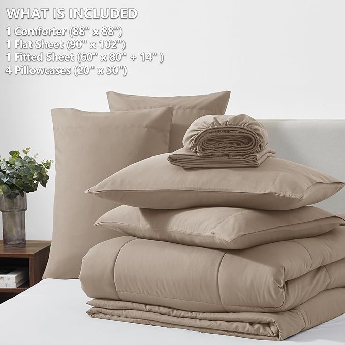 CozyLux Queen Comforter Set Khaki, 7 Pieces Bed in a Bag, Khaki Comforters Queen Size, All Season Bedding Sets with Stitch Quilted Comforter, Flat Sheet, Fitted Sheet, Pillowcases