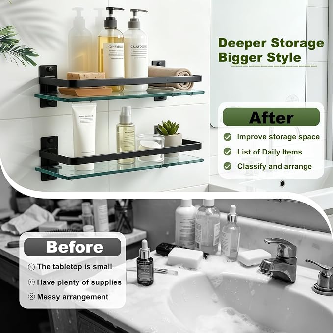AIJALY 2 Pack Bathroom Glass Shelf, 15.7 Inches Black Bathroom Shower Glass Shelf Wall-Mounted, Metal Storage Floating Kitchen Shelf - Image 3