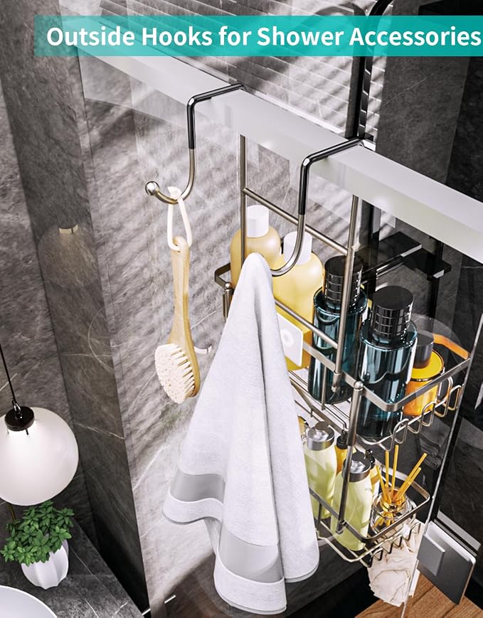 HapiRm Hanging Shower Caddy Over the Door with Soap Holder, No Drilling Adhesive Shower Organizer with 11 Hooks, Rustproof & Waterproof 304 Stainless Steel Bathroom Shelves - Brushed Nickel - Image 5