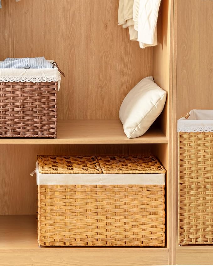 SETVSON Storage Basket with Lid Rattan Storage Basket with 2 Separate Lid, 27.8 Gallon (105 L) 25.2 * 15.4 * 16.1 Inches Woven Wicker Baskets with 2 Liners and Handles for Bedroom Laundry-Natural - Image 7