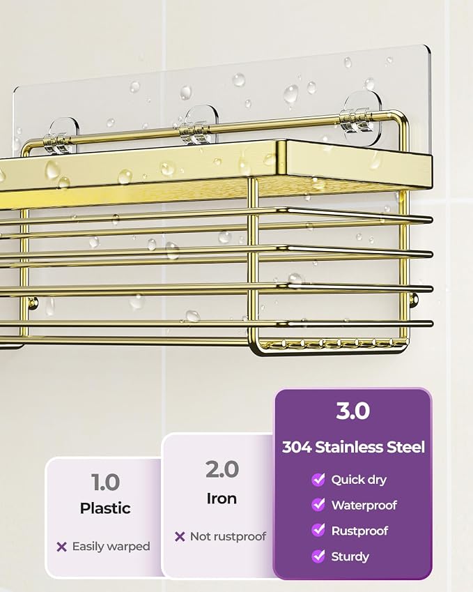 ODesign Shower Caddy 3 Pack SUS304 Stainless Steel-No Drilling-Shower Bathroom Shelves Rack,Rustproof Wall Mounted,Adhesive Shower Shelf Basket Organizer-Golden - Image 2