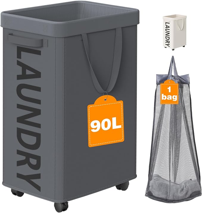 Optish Laundry Basket with Wheels, 90L Rolling Laundry Hamper with Wheels, Large Clothes Hamper on Wheel with Removable Mesh Bag for Bedroom, Bathroom, Dorm, Grey by Optish