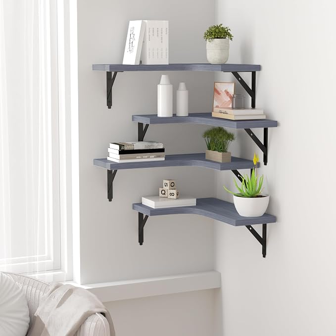 ROMGUAR CRAFT Corner Floating Shelves Wall Mounted Set of 4, Rustic Wood Storage Display Shelves for Home Decor, Bathroom, Kitchen, Bedroom, Living Room, Office (Grey) - Image 5