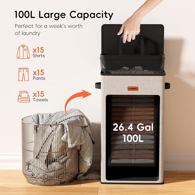 100L Laundry Hamper with Lid, Large Clothes Hampers with Removable Bag, Collapsible Laundry Basket for Bathroom, Bedroom, Laundry Room, Dorm, Beige - Image 3
