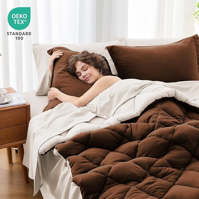 MUXHOMO 7 Pieces Full Comforter Set, Reversible Bed in a Bag Full Size, All Season Bedding Set with Comforter, Flat Sheet, Fitted Sheet, Pillowcases & Shams, Brown & Khaki