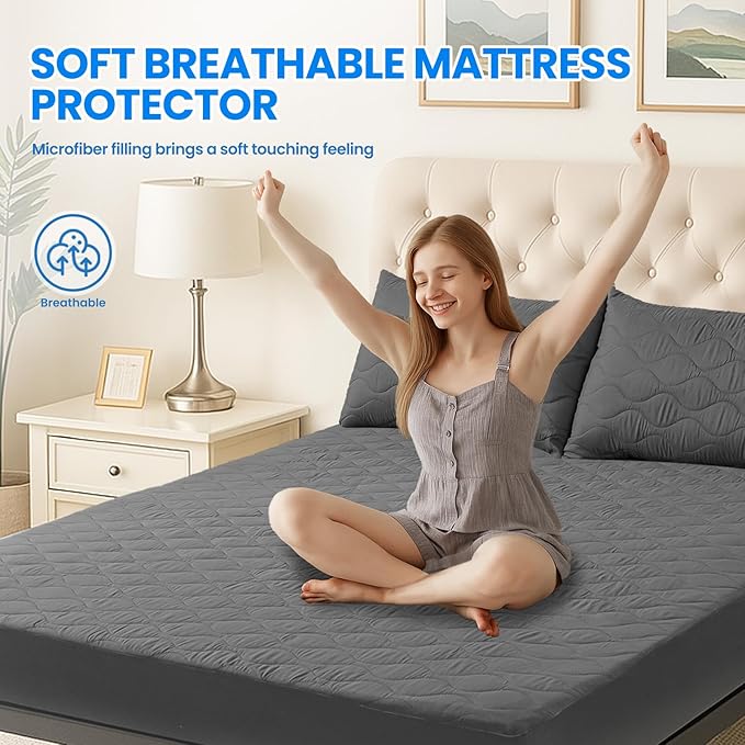Waterproof Mattress Protector,Full Mattress Protector Fitted Up to 16" Deep Pocket, Soft Breathable Bed Mattress Cover for Bedroom,Doom Room Machine Washable,(Gray)