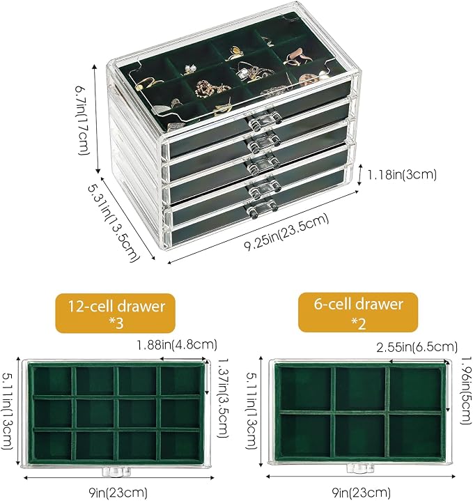 ProCase Earring Holder Organizer Jewelry Box with 5 Drawers, Acrylic Clear Earring Case with Adjustable Velvet Trays for Women - Emerald, 5 Layers - Image 4