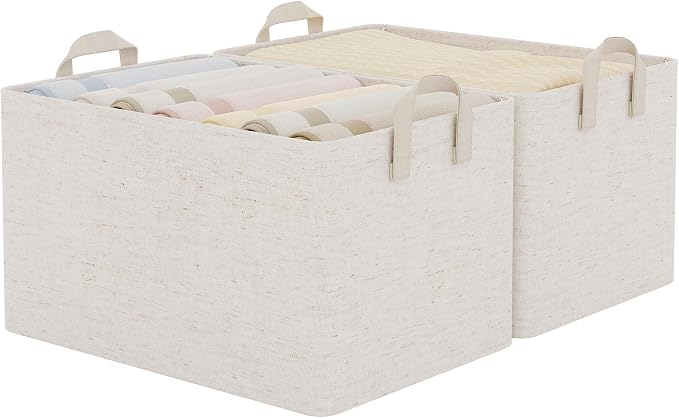 StorageWorks Storage Bins, Shelves Baskets for Organizing, 45L Extra Large Fabric Closet Organizers with Handles, Metal Frame, Beige-Cotton-linen, 2-Pack by StorageWorks