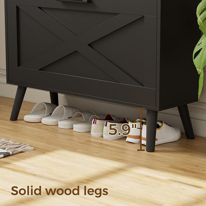 Homleke 32" W Farmhouse Shoe Storage Cabinet with 2 Flip Drawers and Barn Door Design, Adjustable Shelves, Modern Hidden Slim Narrow Shoe Rack Cabinet for Entryway, Foyer, Hallway, Living Room, Black - Image 4