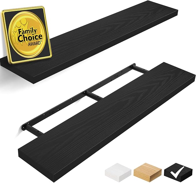 BAYKA Floating Shelves, 48 inches Long Heavy Duty Wall Mounted Rustic Wood Shelves for Bathroom, Bedroom, Living Room, Kitchen, Office, Hanging Shelf for Books/Storage/Decor(Black,Set of 2) by Bayka