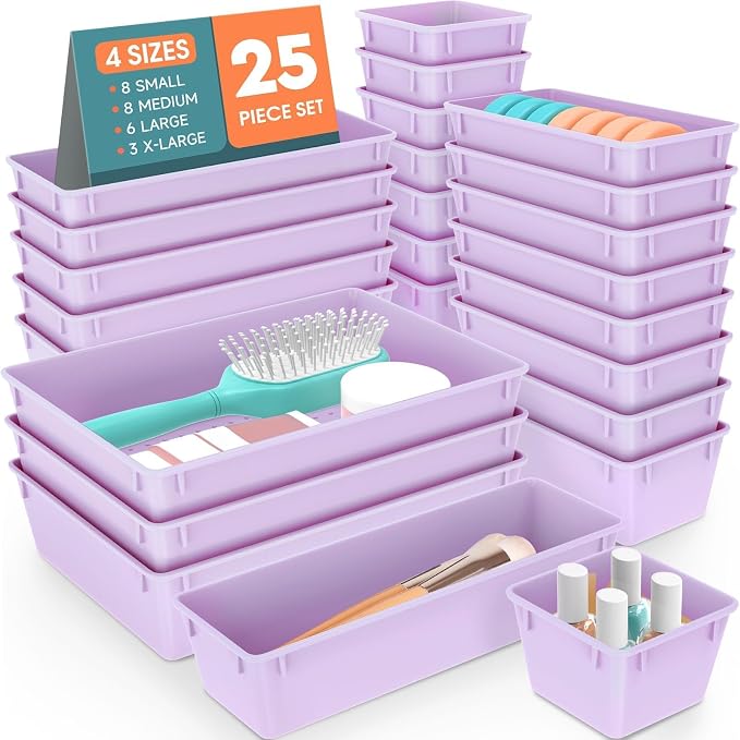 SpaceHacks 25 PCS Plastic Drawer Organizer Set, 4-Size Versatile Organizer Trays & Storage Bins for Makeup, Jewelry, and Gadgets in Bathroom, Bedroom and Office, Purple by SpaceHacks