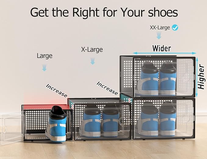 Kuject XX-Large Shoe Storage Boxes Organizers Clear Plastic Stackable 12 Pack, Shoe Rack & Holder Substitute, Sneaker Containers, Shoe Storage Organizer Bins for Closet, Under Bed, Black(No Fold Line) - Image 3