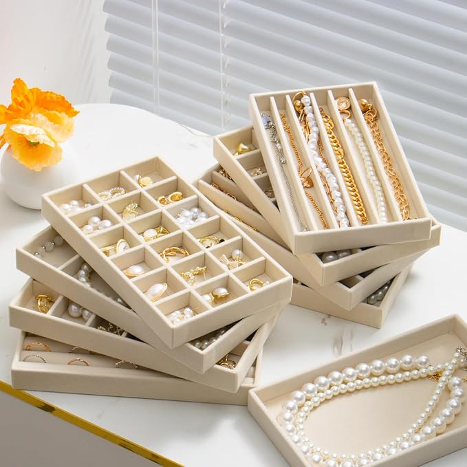 SPAKOWN Jewelry Drawer Organizer Inserts Set of 9, Jewelry Trays for Drawers Velvet Jewelry Organizer Tray Drawer Jewelry Organizers and Storage for Earring Ring Necklace Watch Bracelet (Beige) - Image 3