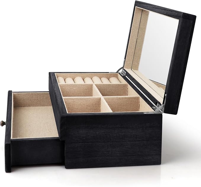 Meangood Jewelry Box Organizer for Women, 2 Layer Large Jewelry Storage Case, Rustic Wooden Jewelry Box with Mirror & Ring Tray for Necklace Earring Bracelets Rings, Vintage Style (Black) - Image 6