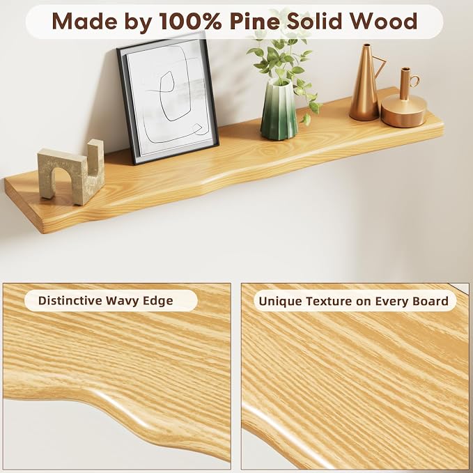 Floating Shelves for Wall Rustic Farmhouse 36 Inch Floating Shelf Bathroom Wooden Shelves for Wall Mounted Live Edge Pine Shelf with Unique Natural Grain for Living Room Bedroom Kitchen (Natural) - Image 3