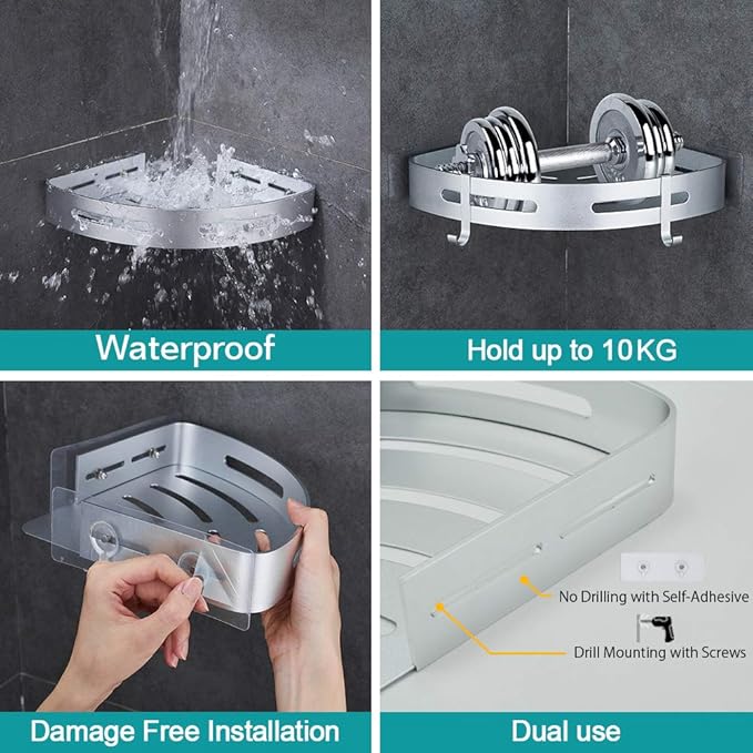 Hoomtaook Corner Caddy Bathroom Shower Shelf Wall Mounted No Drilling 2 Tier Storage Shelves Adhesive Triangle Baskets Silver Bathroom Kitchen Storage Basket - Image 2