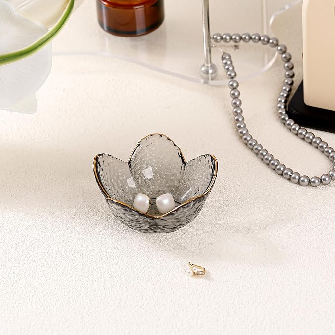 Grey Flower Jewelry Dish Glass Ring Dish Jewelry Tray Cute Vanity Organizer Room Decor Aesthetic Nightstand Bathroom Decor Trinket Dish Ring Holder Dish House Warming Gifts Stocking Stuffers for Women - Image 6