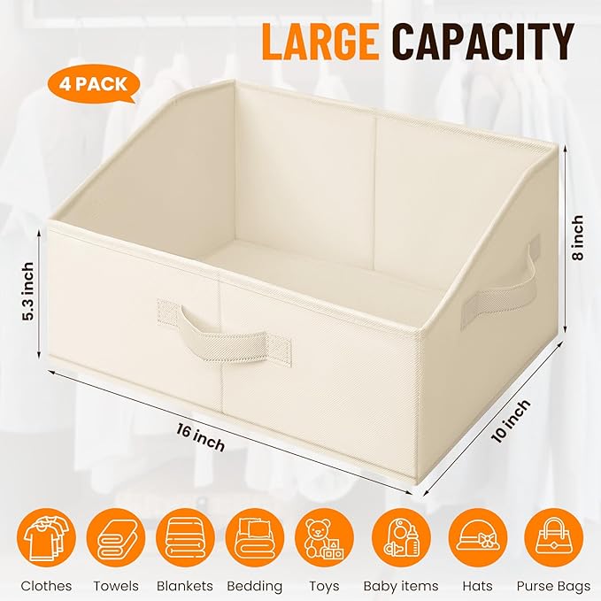 Criusia Closet Organizers Bins 4 Pack - Large Closet Shelf Organizer with Handles - Fabric Trapezoid Home Organization and Storage Baskets for Organizing Clothes Toy Blanket Towel Purse Hats - Image 4