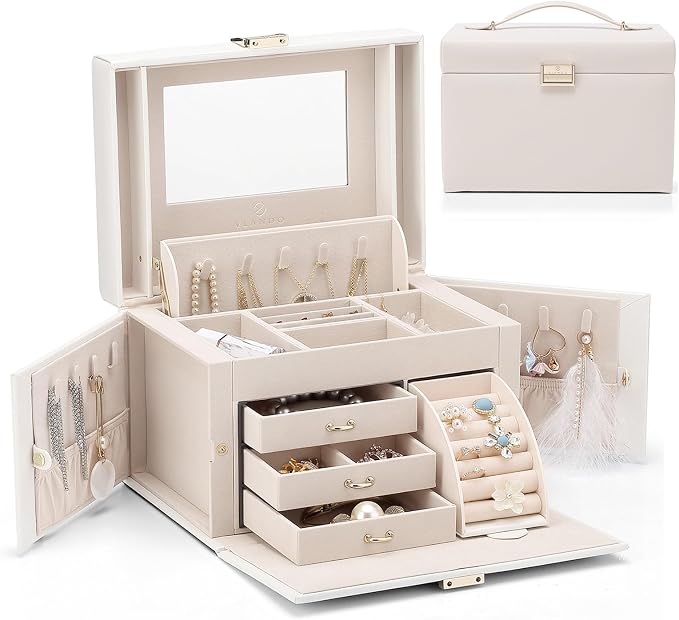 Vlando Mirrored Jewelry Box Organizer, Leather Jewelry Storage Case, Necklaces Earrings Rings Brackets Box Holder, Pearl White by VLANDO