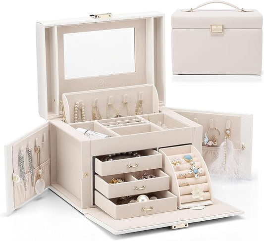 Vlando Mirrored Jewelry Box Organizer, Leather Jewelry Storage Case, Necklaces Earrings Rings Brackets Box Holder, Pearl White by VLANDO