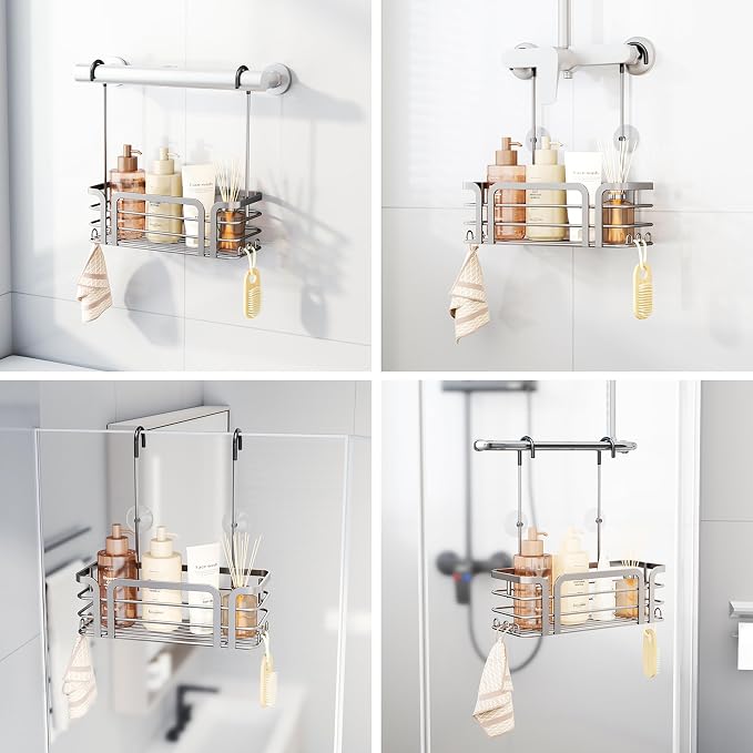 SWTYMIKI Shower Caddy Hanging Organizer - Over the Door Shower Caddy with 6 Hooks, 2 Installation Ways, Stainless Steel Rustproof Bathroom Organizer, Sand Nickel - Image 2