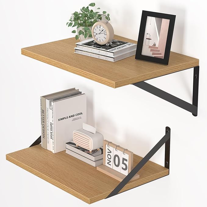 Heimlove 12 Inch Deep Floating Shelves for Wall, 16W x 12D Wood Wall Shelves Set of 2, Rustic Oak Wide Floating Bookshelf for Living Room, Kitchen, Office, Bedroom, with Black Metal Bracke - Oak by Heimlove