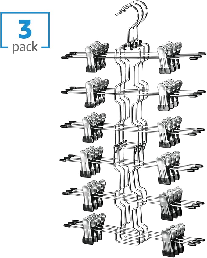 ZOBER 3-Pack 6-Tier Skirt Hangers with Clips - Pants Hangers with Clips Space Saving, Closet Organization, Swivel Hooks, College Dorm Essentials, Skirt Hangers for Women, Jeans Organizer for Closet - Image 4