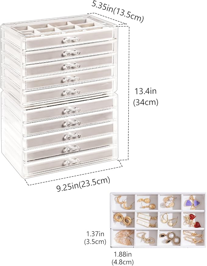 Lolalet Earring Holder Organizer Box Jewelry Storage with 10 Drawers, Clear Acrylic Stackable Earring Case with Adjustable Velvet Trays for Women on Dresser Vanity - Warmwhite,10 Layers - Image 4