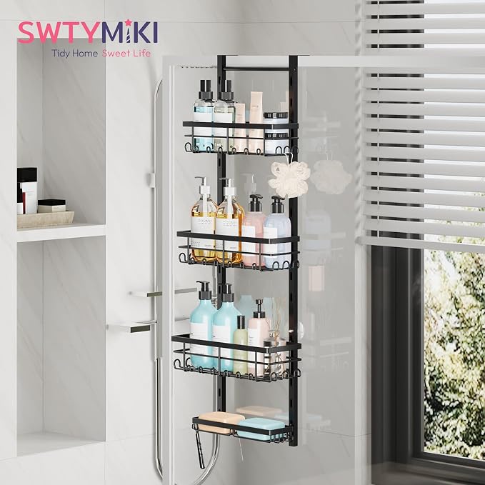 SWTYMIKI Over The Door Shower Caddy - 4 Tier Rustproof Hanging Shower Organizer with Adjustable Shelves, 40 Hooks & Soap Holder, Hanging Shower Rack Storage for Bathroom Accessories, Black - Image 6