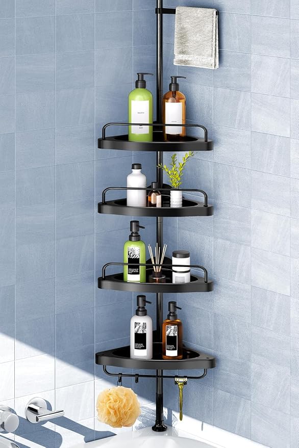 HAMITOR Corner Shower Caddy Tension Pole: Adjustable Stainless Steel Shower Organizer 4 Tier Shelf for Bathroom Bathtub Shampoo - Floor Standing Rack Bath Storage Holder with Rust Proof Rods - Black by HAMITOR
