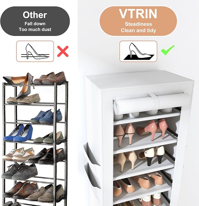 VTRIN Vertical Narrow Shoe Rack Organizer Tall Shoe Rack for Closet Entryway 10 Tier Non-Woven Cover Shoe Shelf Holds 20-22 Pairs Free Standing Shoe Storage Cabinet with Dustproof Cover, White - Image 6
