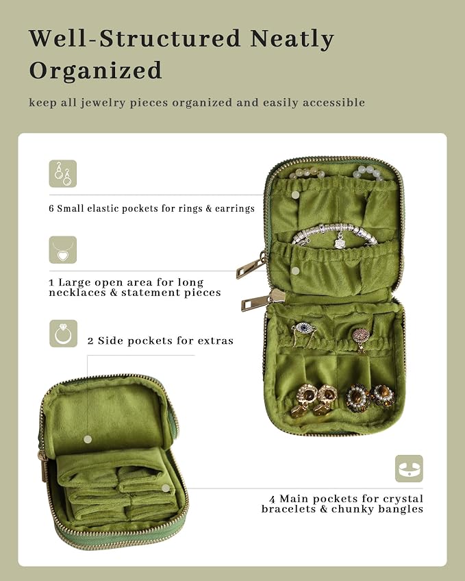 Stratalife Travel Jewelry Case Organizer 2-Layer Compact Storage Bag for Rings Earrings Necklace Bracelet Portable Velvet Jewelry Pouch with Zippers Accessories Travel Essential Gift for Women Green - Image 2